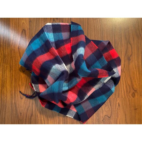 Plaid Scarf Red Blue White with Fringe Rectangle 64" x 12" - Picture 3 of 6